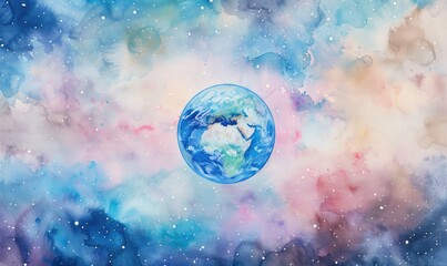 Obraz na płótnie Canvas Watercolor painting of the Earth globe floating in cosmic space