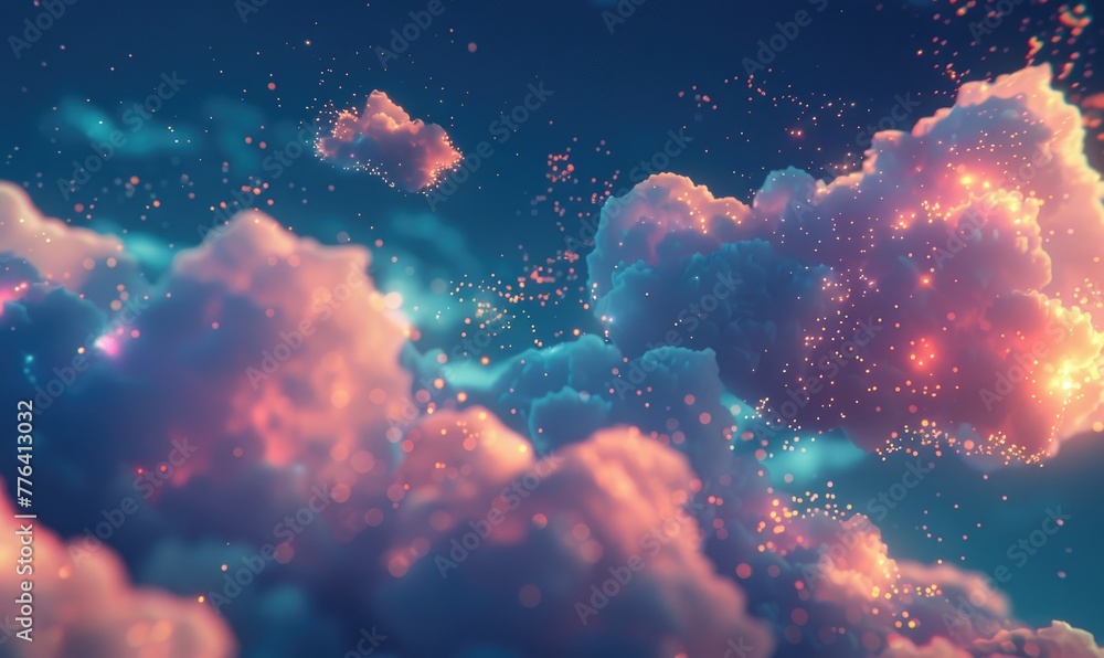 Wall mural cloud data storage concept with abstract digital clouds