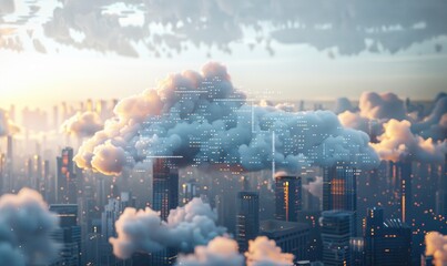 Cloud computing servers against a backdrop of a digital cityscape