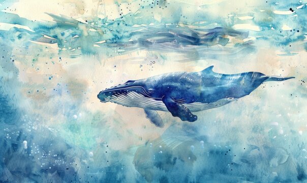 A peaceful watercolor painting of a whale diving into the depths of the ocean