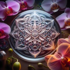 Flower of Life Engraved in Crystal Surrounded by colorful orchids.
