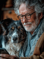 Obraz premium Portrait of senior man with phoned old dog. Call your parents concept.