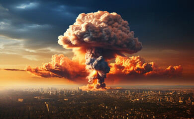 Nuclear explosion with mushroom cloud over megapolis skyscraper landscape. Atomic bomb apocalyptic scenario - 776413470