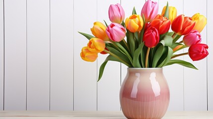Yellow tulips in a ceramic vase placed on a wooden UHD Wallpaper