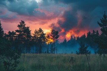 A forest fire is burning in the distance, with smoke - obrazy, fototapety, plakaty