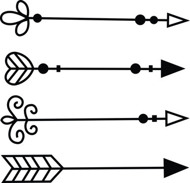 Arrows icon set in Native American Indian style. Vector hand drawn hipster black linear collection isolated on transparent background. Boho design, tattoo art, coloring book for adults.