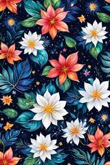 Fototapeta na wymiar Vibrant flower painting set against dark backdrop. Bright colors of flowers pop out, creating visually appealing, captivating piece of artwork. For art, creative projects, fashion, style, magazines.