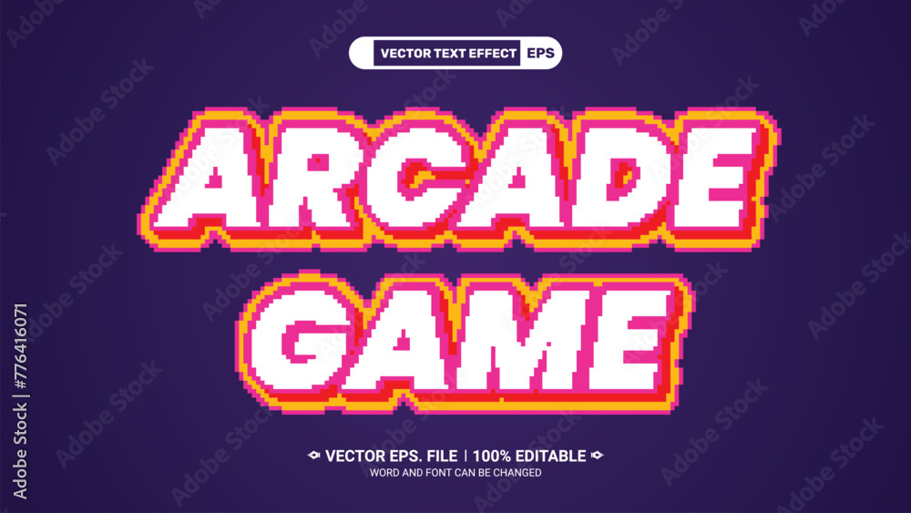 Poster arcade game pixel gaming catoon style 3d editable vector text effect