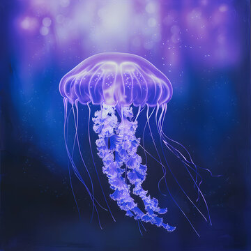 A purple jellyfish with long tentacles is floating in the ocean. The image has a dreamy, ethereal quality to it, with the jellyfish appearing almost otherworldly