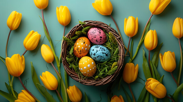 Easter greeting card template, easter background, colorful easter eggs in a nest and tulips, postal card size standart 148:105