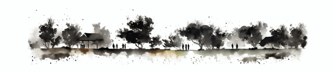 Monochromatic watercolor landscape with silhouettes of people. City park. Horizontal bar element for book design, divider, separator, footer or header for website.