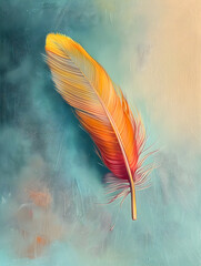 A feather is painted on a blue background. The feather is orange and yellow, and it is a close up of the feather. The painting has a serene and calming mood, as the colors of the feather - obrazy, fototapety, plakaty