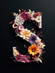 Letter S made of real natural flowers and leaves, on a black background. Spring, summer and valentines creative idea.