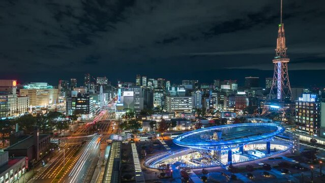 Timelapse view of the Sekae district with architectural landmark Nagoya Tower at night in Downtown Nagoya, Aichi Prefecture, Japan, zoom in.