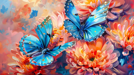 blue tropical butterflies on chrysanthemum flowers painted with oil paints. Generative Ai - obrazy, fototapety, plakaty