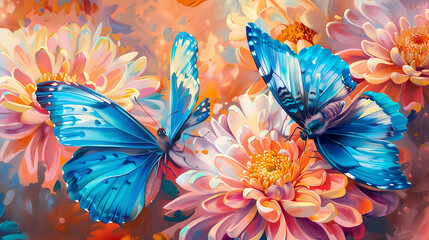 blue tropical butterflies on chrysanthemum flowers painted with oil paints. Generative Ai