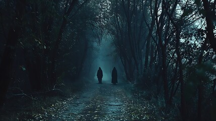 Shadowy figures glimpsed among the trees along a darkened path - obrazy, fototapety, plakaty