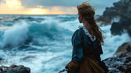 A vision of timeless allure: woman in intricate medieval Victorian garb. Graceful silhouette, adorned with authentic details, she embodies elegance of bygone eras, a living portrait of regal beauty.