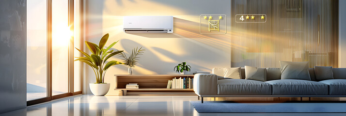 Customer Satisfaction Highlighted: Top-Rated Modern Air Conditioner Unit in Home Setting - obrazy, fototapety, plakaty