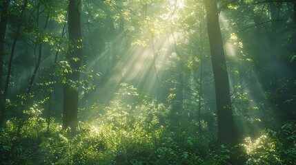 Shafts of sunlight breaking through the trees to illuminate the forest floor