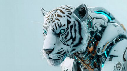 mesmerizing depiction of robotic entity adorned with head of a albino tiger,blending attributes of artificial intelligence with regal aura of animal kingdom, perfect for innovative design concepts