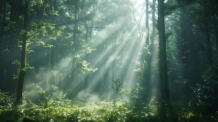 Shafts of sunlight breaking through the trees to illuminate the forest floor