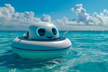 a chatbot that looks like a smiling and friendly robot,modern and attractive,happily swims in the ocean on a swimming circle,the concept of tourism business,travel and beach holidays