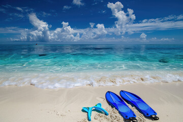 Inviting Tropical Beach with Clear Blue Waters and Snorkeling Gear on the Sand