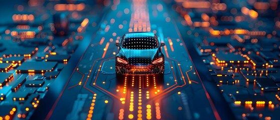 Impact of global microchip shortage on car industry: production delays and shortages. Concept Global Microchip Shortage, Car Industry, Production Delays, Shortages - obrazy, fototapety, plakaty
