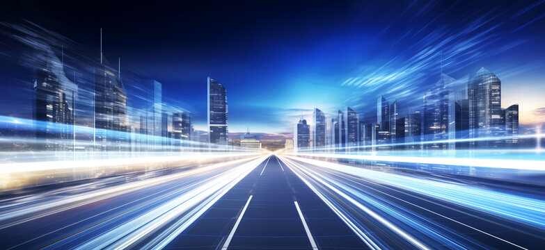 A dynamic and futuristic cityscape at high-speed motion blur effect, depicting bustling highway leading toward the city, a a sense of rapid urban development, energy, and technological advancement