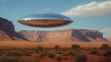 Silver Metallic Flying Saucer: Cylindrical UFO UAP hovering over Desert Landscape in Arizona