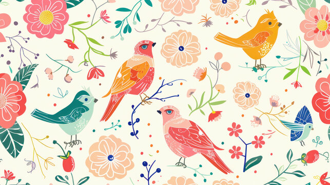 Whimsical bird and floral pattern design with a pastel color palette.