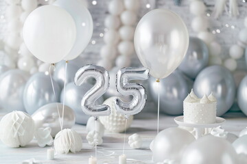 Silver helium floating balloons made in shape of number twenty-five. Birthday party or wedding...