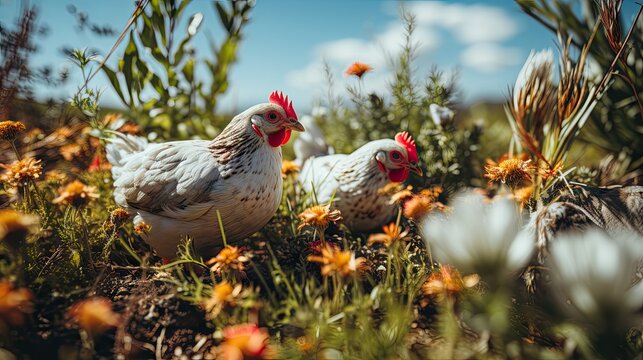 Chickens eating bush of various types and sizes UHD Wallpaper