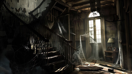 An eerie, abandoned interior with a dilapidated staircase, cobwebs, and a single light source from a window casting shadows. - obrazy, fototapety, plakaty