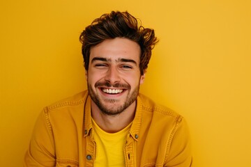 Portrait of a Joyful Man in Yellow Jacket Laughing. Generative AI.