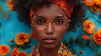 beautiful african woman with african cloth in her hair, face paint, beautiful skin tone - obrazy, fototapety, plakaty