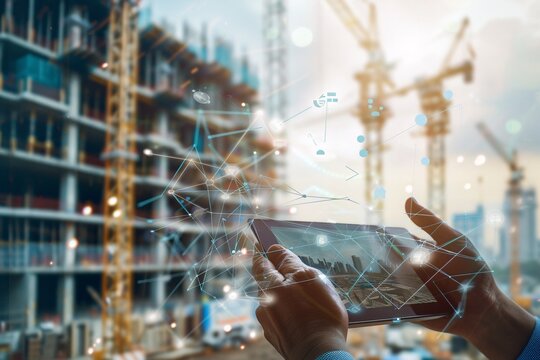 Revolutionizing construction management through a smart project system, capturing the use of a digital tablet with specialized software against a bustling construction site backdrop