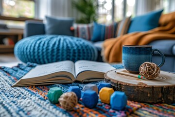 This image presents a rustic wooden setting with a book and a coffee mug, symbolizing a peaceful leisure time