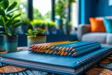 A close-up view of vibrant colored pencils on a blue notebook, suggesting creativity or back to school concepts