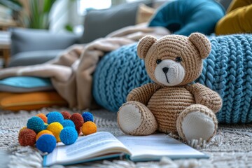 A cozy scene of a teddy bear reading a book, evoking feelings of warmth, comfort, and the joy of reading - obrazy, fototapety, plakaty