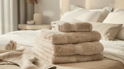 Stack of several sizes of clean beige towels on the bed in a bedroom with copy space - obrazy, fototapety, plakaty