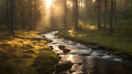 River in forest, morning sunshine woodland nature, summer landscape photo
