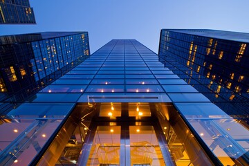 Below the entrance to an office building next to modern high-rise buildings with glass mirrored walls and illuminated lights against a cloudless blue sky - obrazy, fototapety, plakaty