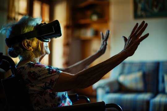Elderly woman in a wheelchair enjoying virtual reality, arms outstretched with a smile. Senior Woman Experiencing Virtual Reality