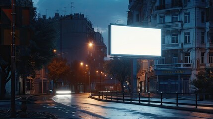 Horizontal blank white billboard mockup placed over a bend in a city street under the night sky - obrazy, fototapety, plakaty