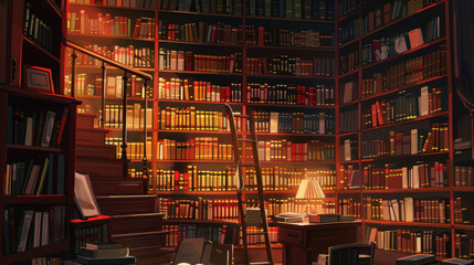 Cozy library room with towering bookshelves and warm lighting.