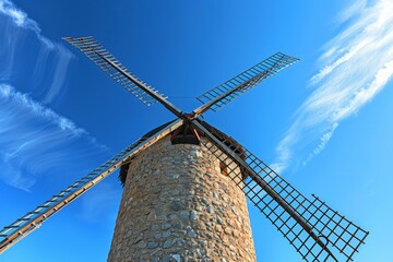 Below is a tall windmill set against a cloudless blue sky during the day