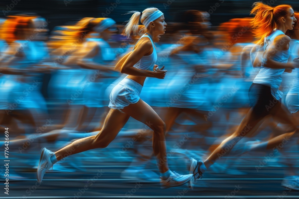 Poster dynamic action shot of a female athlete in motion during a running competition, emphasizing speed an
