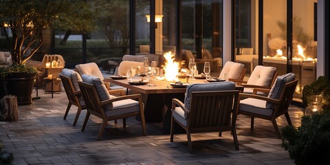 Fototapeta na wymiar Tables and chairs on terrace of luxury restaurant in evening light